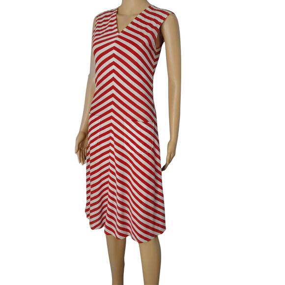 1970s Red White Bodycon Striped Fit Flare Sleeveless V Neck Dress Size Small - Picture 2 of 7